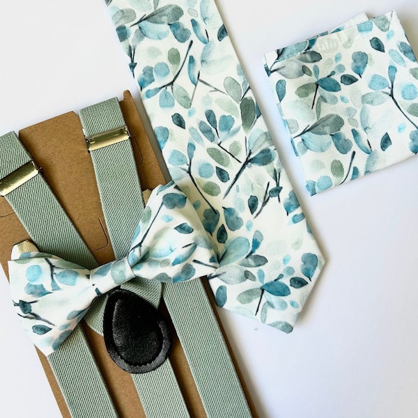 BLUE / Sage Watercolor LEAVES Aqua Bow Tie- Long Tie- Pocket Square-Sage Suspenders-All Sizes- Build Your Own Set- Wedding accessories outfi