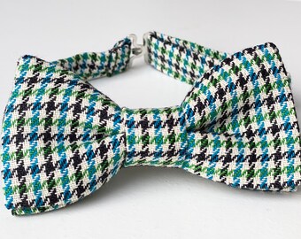 Blue green black houndstooth bow tie, bow ties for men, ring bearer bow tie, boys bow tie, beige bow tie , adult bow tie, bow ties