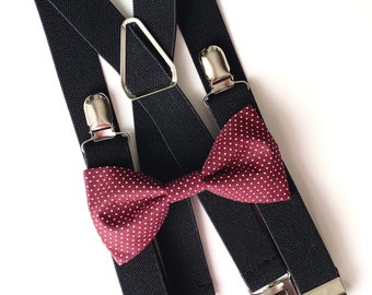 Burgundy Dots Bow Tie-Black Suspenders-Boys Bow Tie And Suspenders- Burgundy Mens Bow Tie-Supenders Kids- Groomsmen Outfit- Ring Bearer Bow