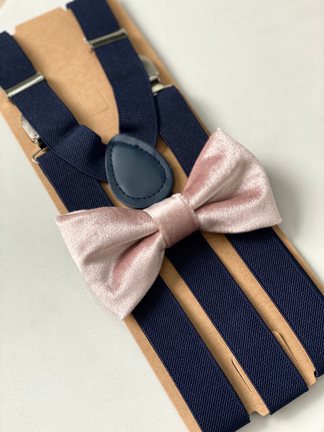 blush pink suspenders and bow tie