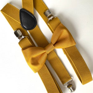 Mustard Suspenders with Mustard Bow Tie- Baby Toddler Kids Boys Mens Bow Tie & Suspenders SET- Mustard Wedding Outfit for Grooms-Ring Bearer