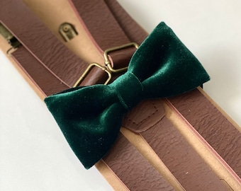 Emerald velvet bowtie & Rustic Suspenders set for men and kids, dark green bow ties, brown leather suspenders, velvet bow ties , wedding