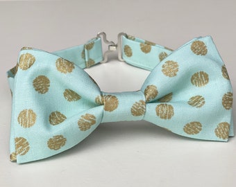 Blue mint with gold dots bow tie, Kids bow tie, Mint bow ties for toddler boy, Clip bow tie, adult bow tie, mint cotton bow tie, ring bearer