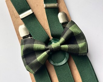 Papillon a quadri verde nero per uomo e bambino Bretelle verde smeraldo Papillon natalizio Papillon a quadri per bambini Papillon verdi Vestito natalizio