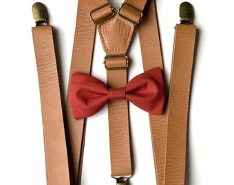 Rust Bow Tie & Rustic Suspenders | Dark Orange Bow Tie | Brown  Leather Suspenders | Groomsmen Outfit | Ring Bearer Outfit | Rustic Wedding