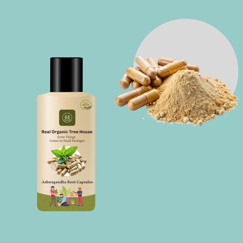 May include: A beige bottle of "Real Organic Tree House" Ashwagandha Root Capsules with a black cap, alongside a pile of capsules and powder. The bottle features a green leaf and capsule graphic, and the text "Grow Things Comes in Small Packages."