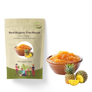 May include: A brown paper bag with a label that reads "Real Organic Tree House Grow Things Comes In Small Packages" and a picture of a bowl of pineapple jam with a pineapple on top. The label also has a green circle with the text "100% Natural".