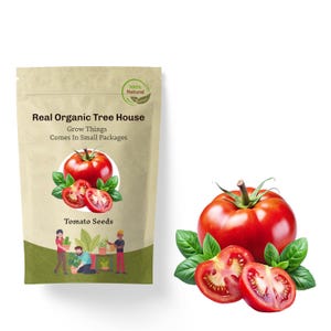 Peut inclure: Un sac en papier brun avec une étiquette qui dit "Real Organic Tree House Grow Things Comes In Small Packages" et une image d'une tomate rouge. L'étiquette dit aussi "Tomato Seeds" et a un cercle vert avec le texte "100% Natural".