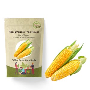 Op de afbeelding: Een pakje gele zoete maïszaadjes met een bruine achtergrond en de tekst "Real Organic Tree House Grow Things Comes In Small Packages". Het pakje heeft ook een groene cirkel met de tekst "100% Natuurlijk".