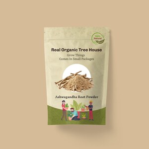 May include: A brown paper bag with a green label that says "Real Organic Tree House Grow Things Comes In Small Packages" and a picture of ashwagandha root powder. The label also has a green circle with the text "100% Natural".