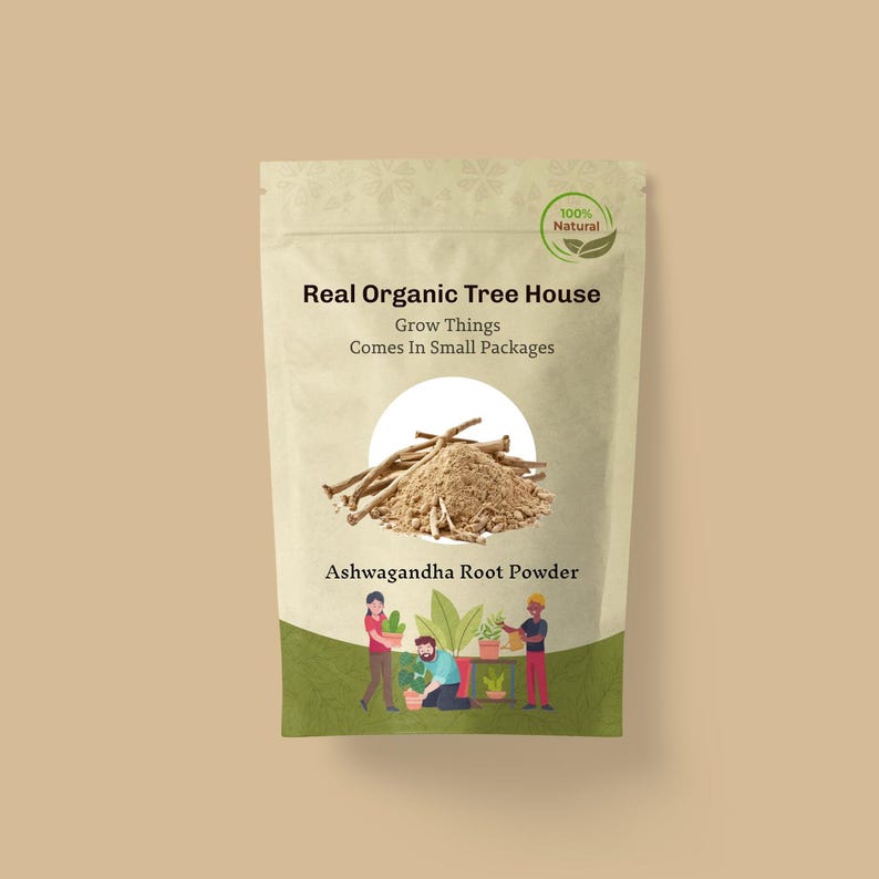 May include: A brown paper bag with a green label that says "Real Organic Tree House Grow Things Comes In Small Packages" and a picture of ashwagandha root powder. The label also has a green circle with the text "100% Natural".