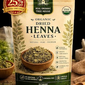 May include: A beige pouch of Real Organic Tree House dried henna leaves with green accents. The front features a wooden bowl filled with crushed green leaves, text including Organic Dried Henna Leaves, USDA Organic, and a net weight of 200G.