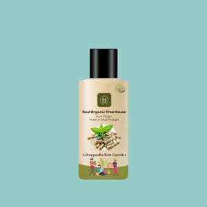 May include: A beige bottle with a black cap displays the text "Real Organic Tree House" and "Ashwagandha Root Capsules." The label features a graphic of capsules, mint leaves, and a small illustration of people gardening. The background is a solid teal colour.