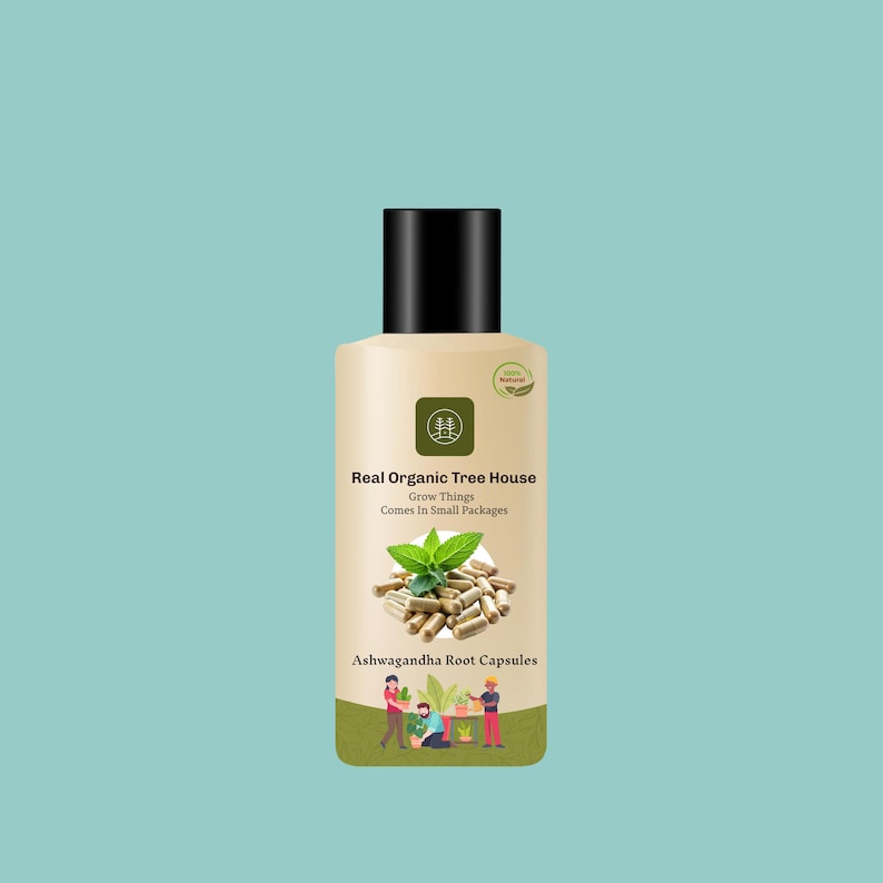 May include: A beige bottle with a black cap displays the text "Real Organic Tree House" and "Ashwagandha Root Capsules." The label features a graphic of capsules, mint leaves, and a small illustration of people gardening. The background is a solid teal colour.