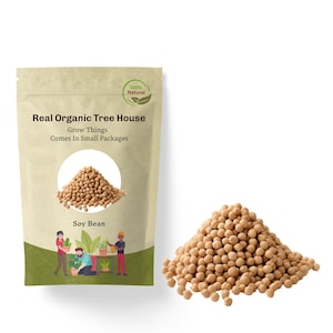 May include: A package of soy bean seeds from Real Organic Tree House, with the text "Grow Things Comes In Small Packages". A pile of soy beans is next to the package. The package has a green leaf logo and the words "100% Natural".