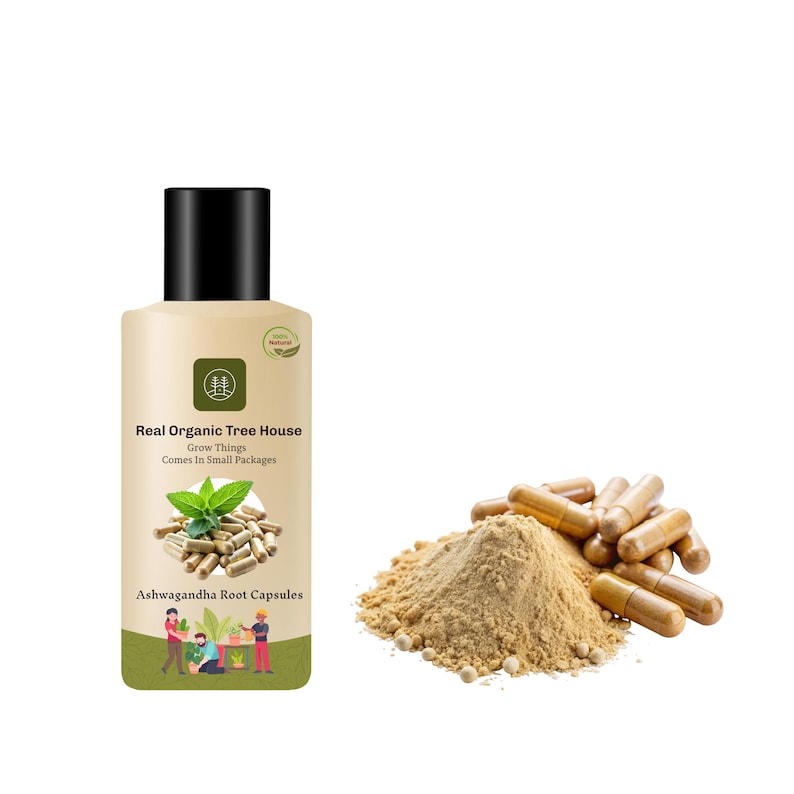 May include: A bottle of Real Organic Tree House Ashwagandha Root Capsules with a black cap, capsules, and a pile of powder. The bottle has a green and white label with text and a graphic of people gardening.