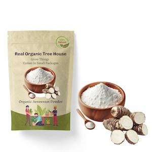 May include: A brown paper bag with a white label that reads "Real Organic Tree House Grow Things Comes In Small Packages" and "Organic Arrowroot Powder". The label also has a green circle with the text "100% Natural". A white bowl filled with white powder and a wooden spoon with white powder are shown in the background. There are also several white and brown root vegetables in the background.