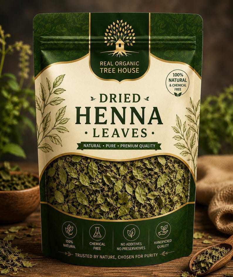 May include: A stand-up pouch of Real Organic Tree House dried henna leaves. The packaging is dark green and cream with a clear window showing the dried green leaves inside. Text includes 100% Natural & Chemical Free, Natural Pure Premium Quality.