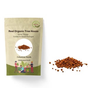 May include: A brown paper bag with a white label that says "Real Organic Tree House Grow Things Comes In Small Packages". The label also has a picture of a pile of brown seeds and the text "Celastrus Seeds (Malkangani Seed)".