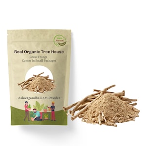 May include: A brown paper bag with a white label that reads "Real Organic Tree House Grow Things Comes In Small Packages" and a green circle with the text "100% Natural". The bag contains a brown powder and a pile of brown roots. The text "Ashwagandha Root Powder" is printed on the bag.