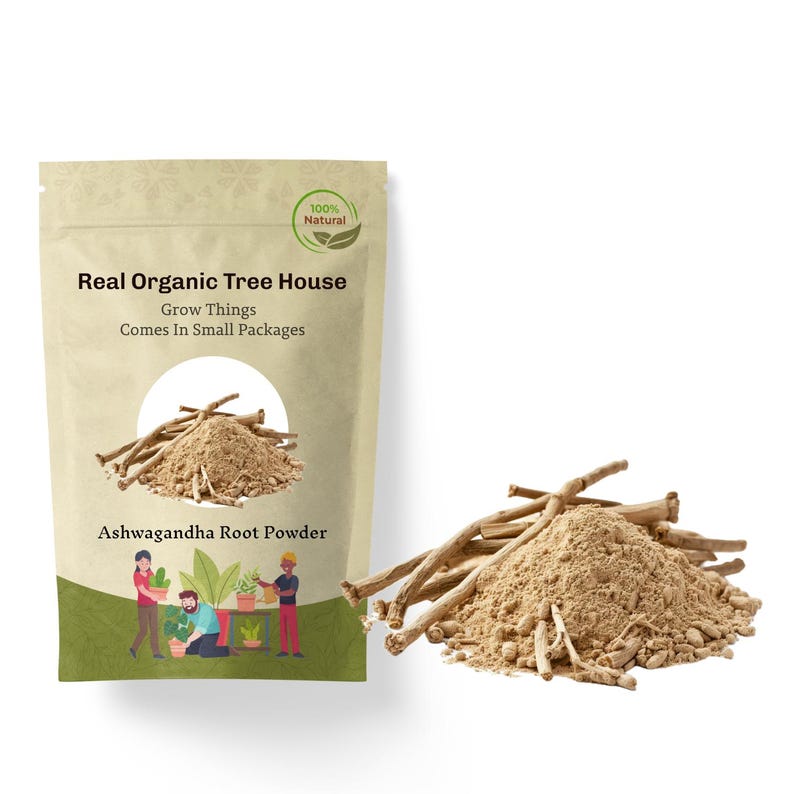May include: A brown paper bag with a white label that reads "Real Organic Tree House Grow Things Comes In Small Packages" and a green circle with the text "100% Natural". The bag contains a brown powder and a pile of brown roots. The text "Ashwagandha Root Powder" is printed on the bag.