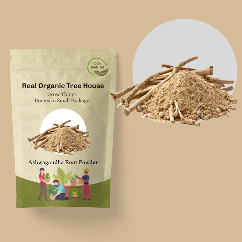 May include: A brown paper bag with a white label that reads "Real Organic Tree House Grow Things Comes In Small Packages" and "Ashwagandha Root Powder". The label also has a green leaf with the words "100% Natural". The bag is sitting on a light brown background. There is a pile of brown ashwagandha root powder and sticks on a white background.