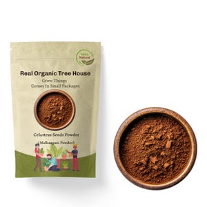 May include: A brown paper bag with the text "Real Organic Tree House Grow Things Comes In Small Packages" and "Celastrus Seeds Powder (Malkangani Powder)". The bag contains a brown powder. A small bowl with the same brown powder is shown to the right.