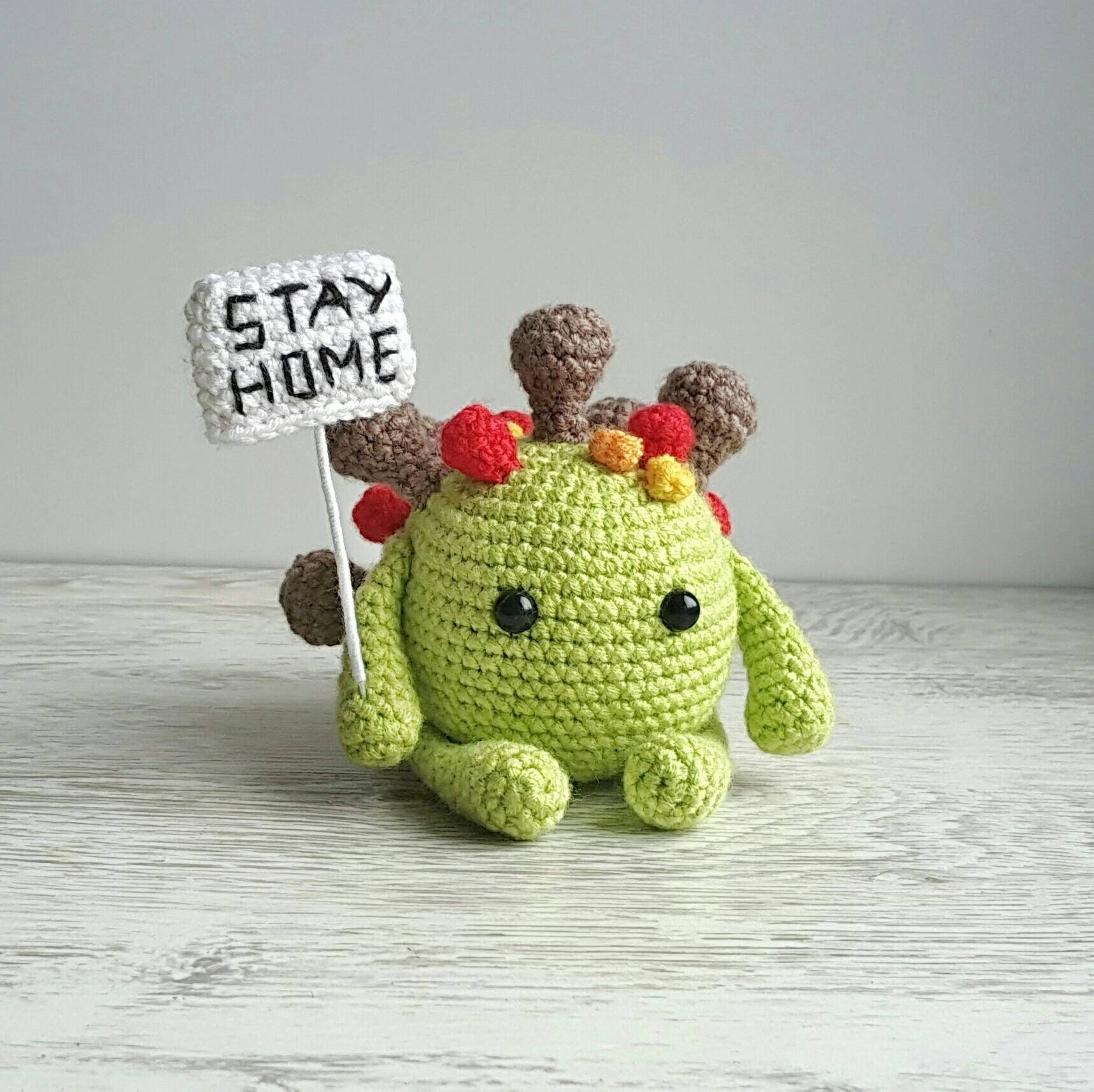 Plush virus toy with nameplate STAY HOME/ Crochet personalized Etsy