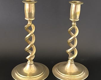 Solid Antique Victorian Stamped England Polished Brass Open Barley Spiral Candlestick Holders 20cm -8"