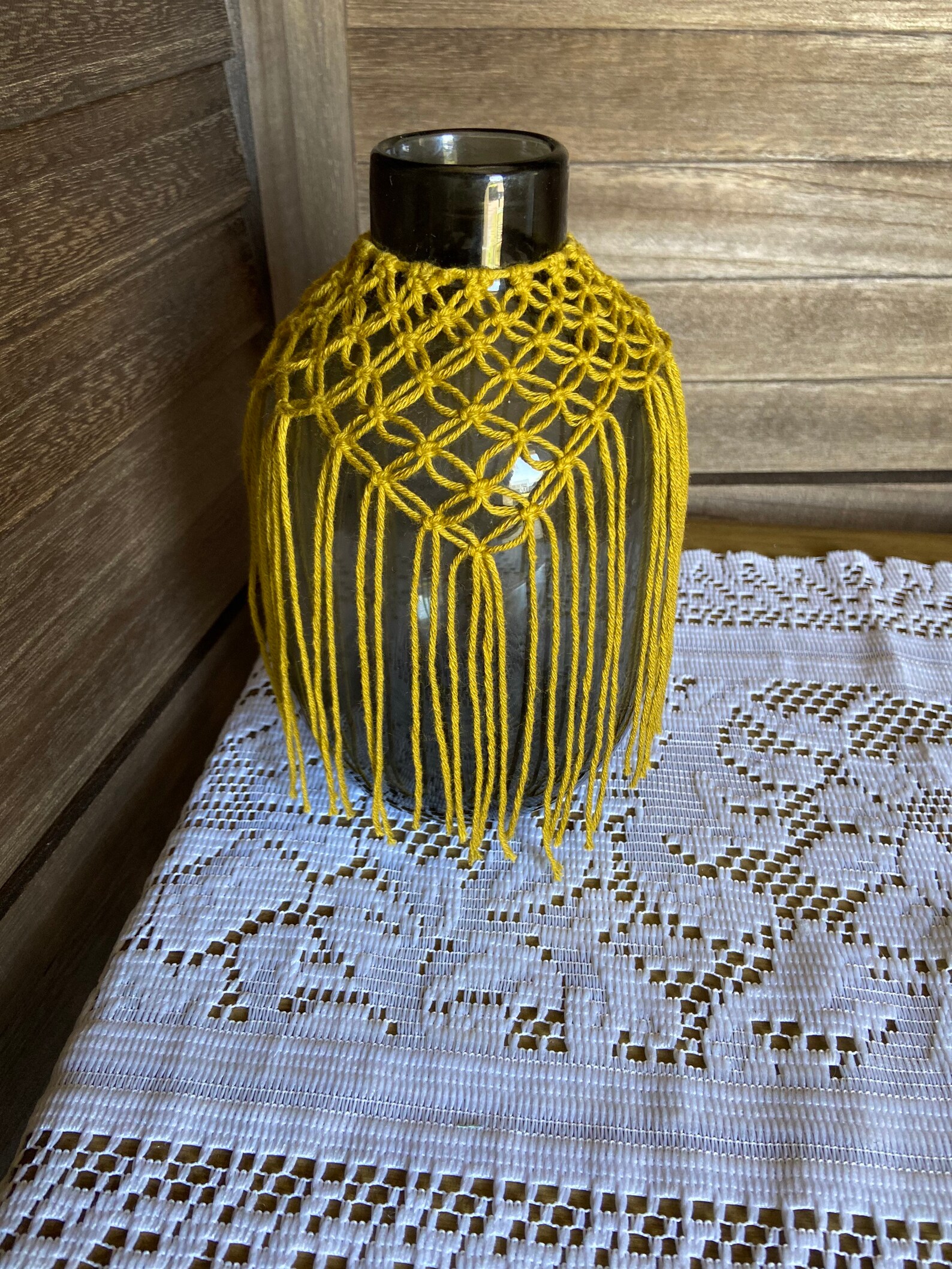 Dark glass vase with macramé Etsy
