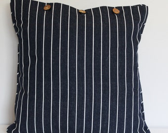 Navy Striped Cushion Cover With Small White Stripes 100% Cotton 40x40cm Beach Decor House Decor