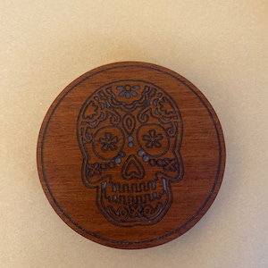 Coaster/Bottle Opener - Solid Sapele Hardwood Coaster, Calavera Skull design with resin inlay