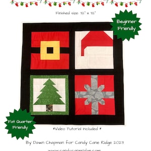 Peut inclure: Un modèle de courtepointe de Noël avec quatre blocs : le chapeau du Père Noël, une maison, un sapin de Noël et un cadeau. Le modèle est facile à réaliser et utilise des quarts de tissu. La taille finie est de 81 cm sur 81 cm. Le modèle comprend un tutoriel vidéo.