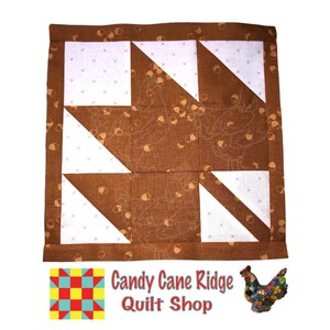 May include: A brown and white quilt block with a geometric pattern. The block is made of squares and triangles. The fabric has a brown acorn print. The block is surrounded by a brown border.