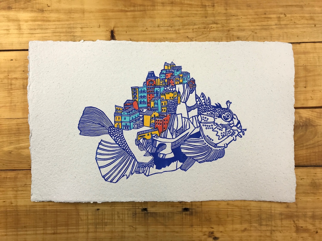 Linogravure bleue / Rockfish Etsy France