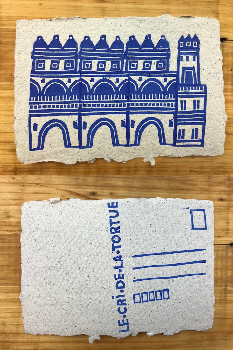 Les cartes postales des cités bleues / Linogravures Pont habité 2/2