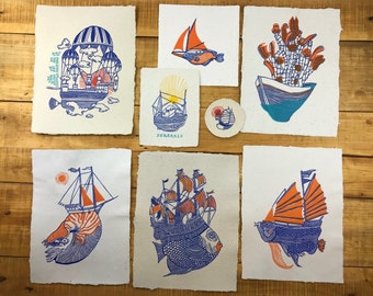 The Tortue shipyard / linocuts / Marines / boats