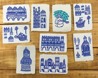 Les cartes postales des cités bleues / Linogravures