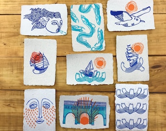 The Cri de la Tortue marine postcards, linocuts