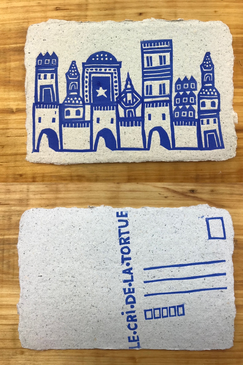 Les cartes postales des cités bleues / Linogravures Cité bleue