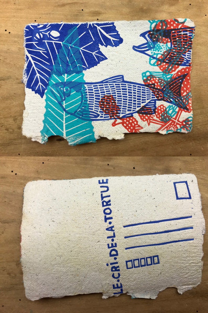 Puede incluir: Una ilustraci&oacute;n de un pez azul y rojo sobre un fondo blanco con hojas azules y verdes. El fondo es un papel texturizado con un borde blanco. El texto "LE CRI DE LA TORTUE" est&aacute; impreso en azul en la esquina inferior derecha del papel.