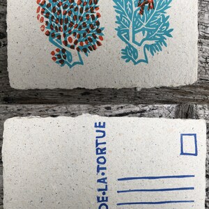 Puede incluir: Una postal con una ilustraci&oacute;n azul y naranja de un p&aacute;jaro en una rama de &aacute;rbol. La postal tiene un sello azul y el texto "LE CRI DE LA TORTUE" impreso en el lado izquierdo.