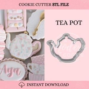 May include: A gray tea pot cookie cutter STL file for instant download. The image features a tea pot shaped cutter next to decorated cookies with floral patterns, a gold spoon, and the text COOKIE CUTTER STL FILE and TEA POT.