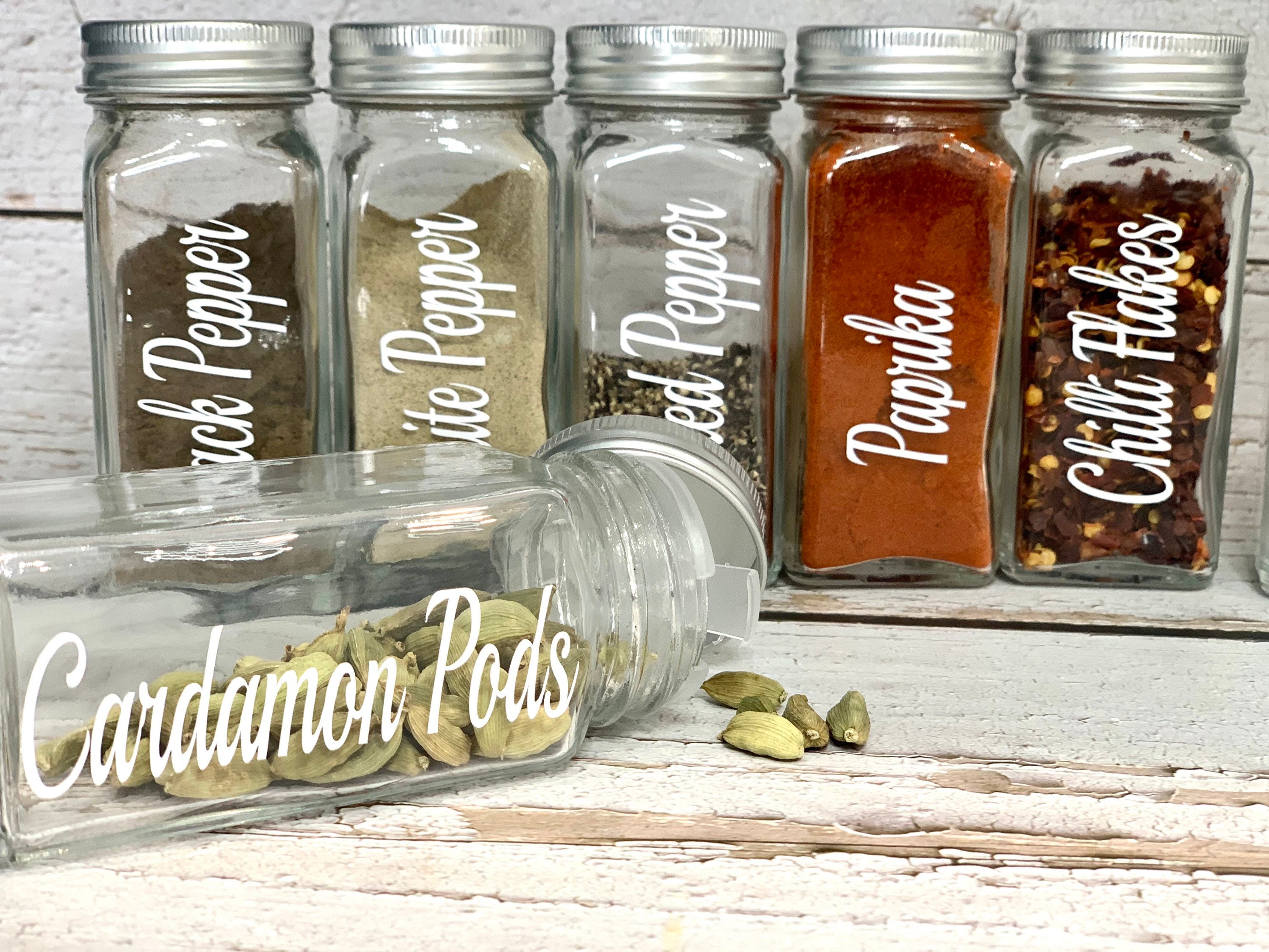 6oz, BEST VALUE 14 Glass Spice Jars includes pre-printed Spice Labels. 14  Square Empty Jars, Airtight Cap, Chalkboard & Clear Label, kitchen Funnel