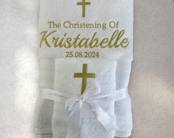 Personalized Christening Bath Towel and Face Towel Set , Custom Embroidered with Name and Date, Baby Baptism Gift , baby Luxurious Keepsakes
