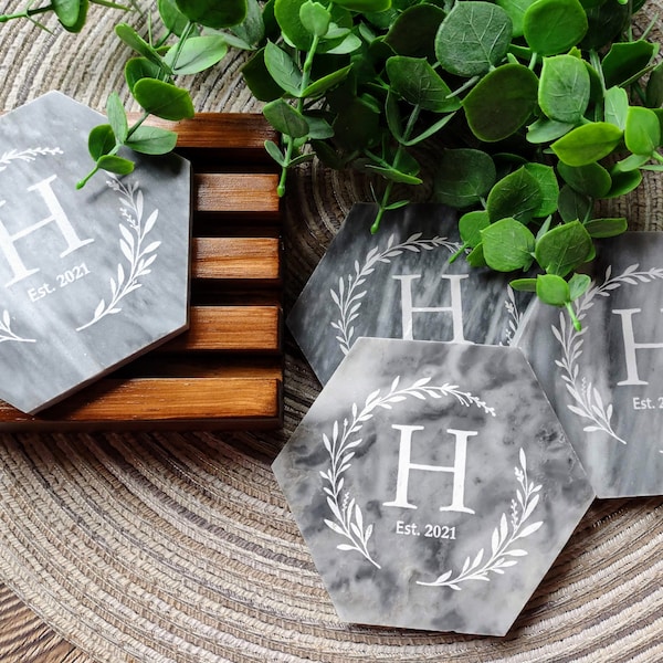 Personalized Monogram Gray Hexagon Marble Coaster with Holder, Modern Engraved Stone Coasters, Wedding Gift, Housewarming Gift, Set of 4