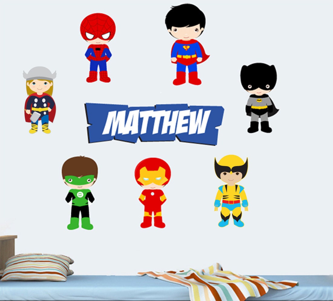 Personalised Superheroes Wall Art Vinyl 8pc Sticker Pack Etsy