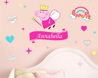 Personalised Fairy Peppa Pig Wall Art Stickers Bedroom Decals