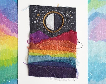 Last Quarter Moon - embroidered textile art
