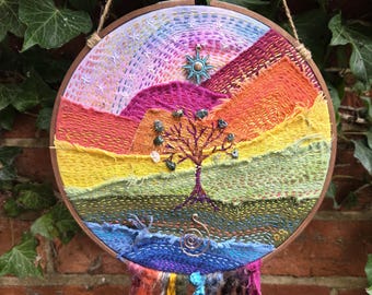 Tree of life - rainbow embroidered landscape wall hanging with bells